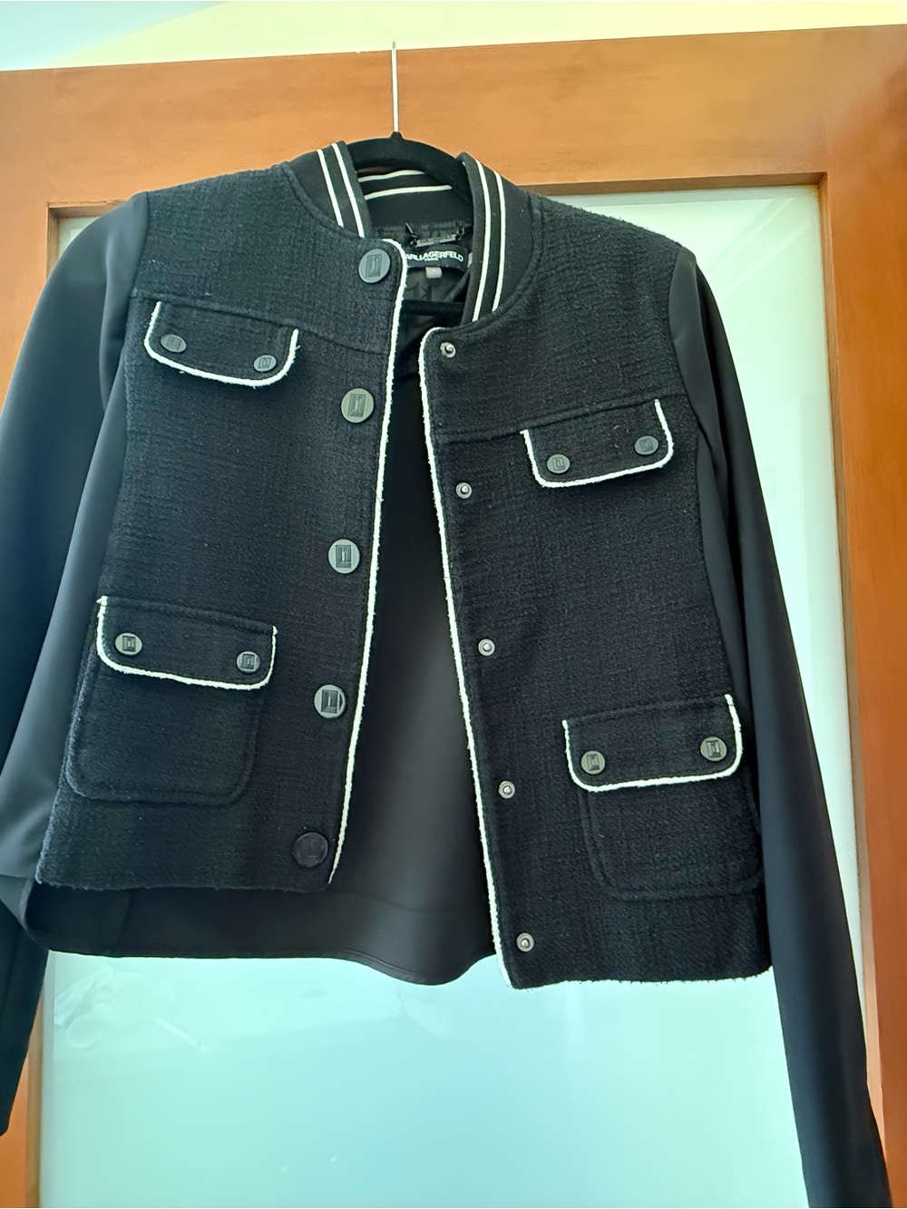 Karl Lagerfeld Paris Black Tweed Mixed Media Jacket Size 2